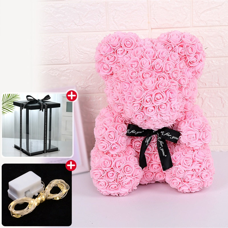 Rose Bear Artificial Flower With Box and Light Rose Teddy Bear Wedding Decor Christmas Women Valentines Girlfriend Birthday Gift - Executive-Skincare