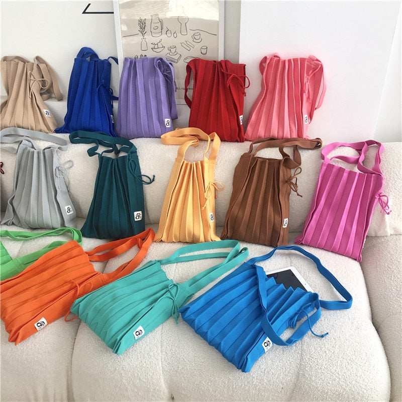 Female Wool Knitted Pleats Tote Organ Bag Designer Chic Stitching Contrast Korean Fashion Shoulder Shopper Handbag For Women - Executive-Skincare