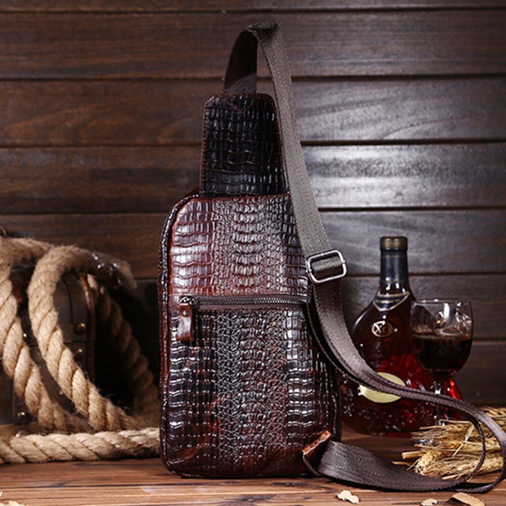 High Quality Real Leather Men Messenger Shoulder Cross body Bag Oil Wax Cowhide Travel Crocodile Pattern Sling Chest Back Pack - Executive-Skincare