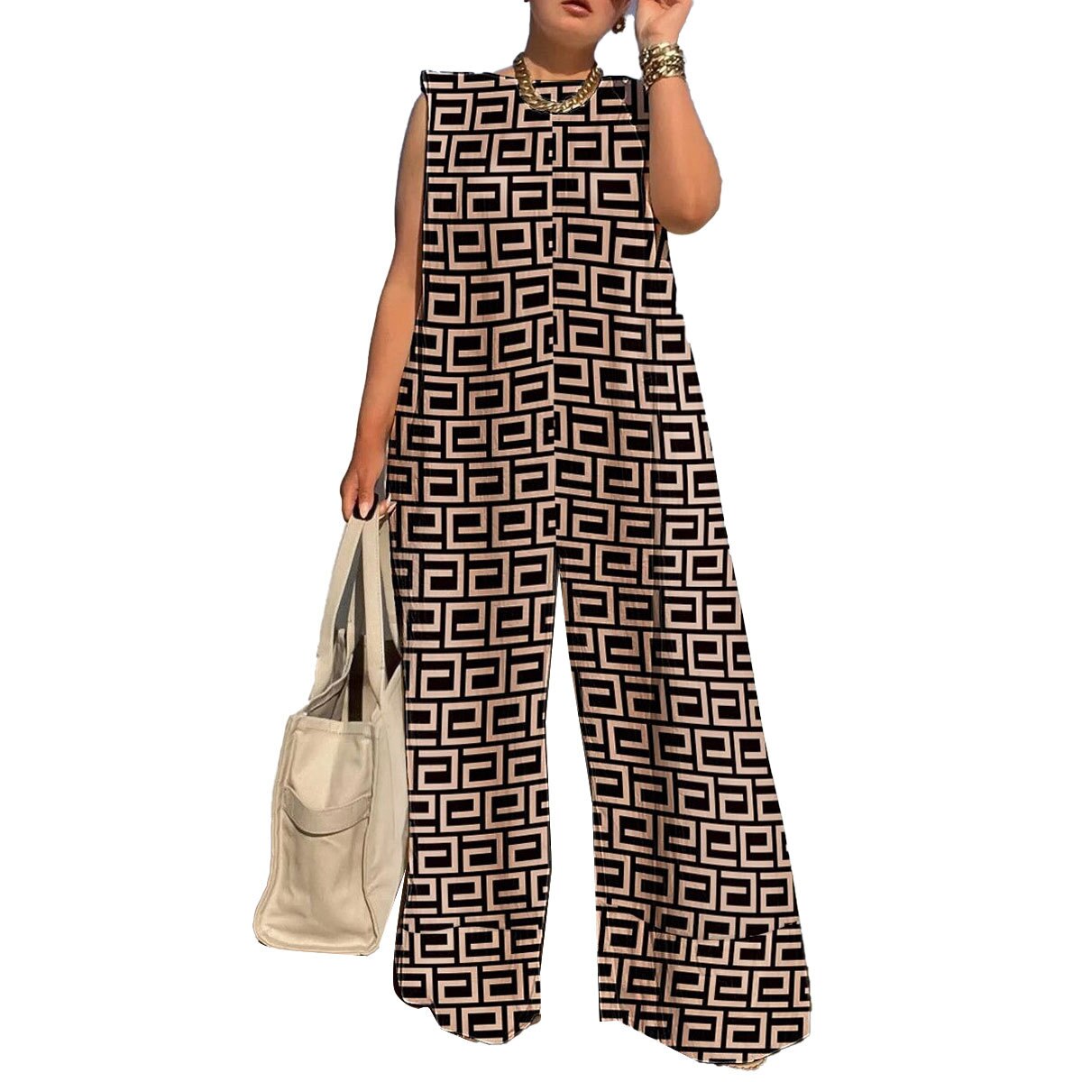 2022 Fall Ladies Jumpsuit Fashion Print Sleeveless Wide Leg Pants Casual Temperament Commuter Elegant Ladies Jumpsuit - Executive Quality Store