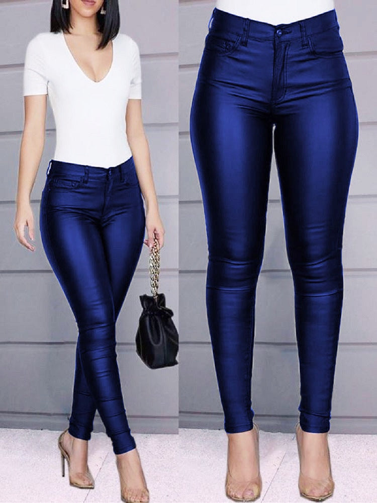 Summer Black Fake PU Leather Pant Women High Waist Elasticity Slim Push Up Casual Skinny Thin Pencil Trousers Ladies  oversized - Executive-Skincare