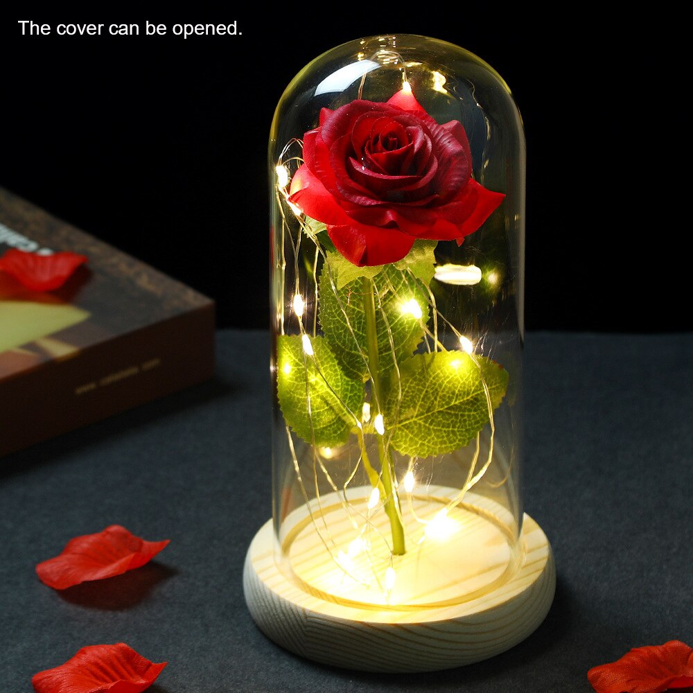 Simulation Rose Immortal Valentines Bouquet Gold Foil Anniversary Festival LED Log Glass Home Birthday Gift Artificial Flowers - Executive-Skincare