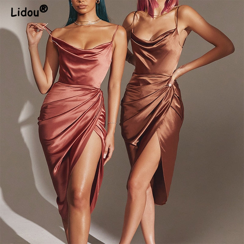 Swing Collar Sexy Split Satin Dress Summer Fashion Sling Temperament Folds High Waist Solid Pullover Elegant Women Dresses 2022 - Executive-Skincare