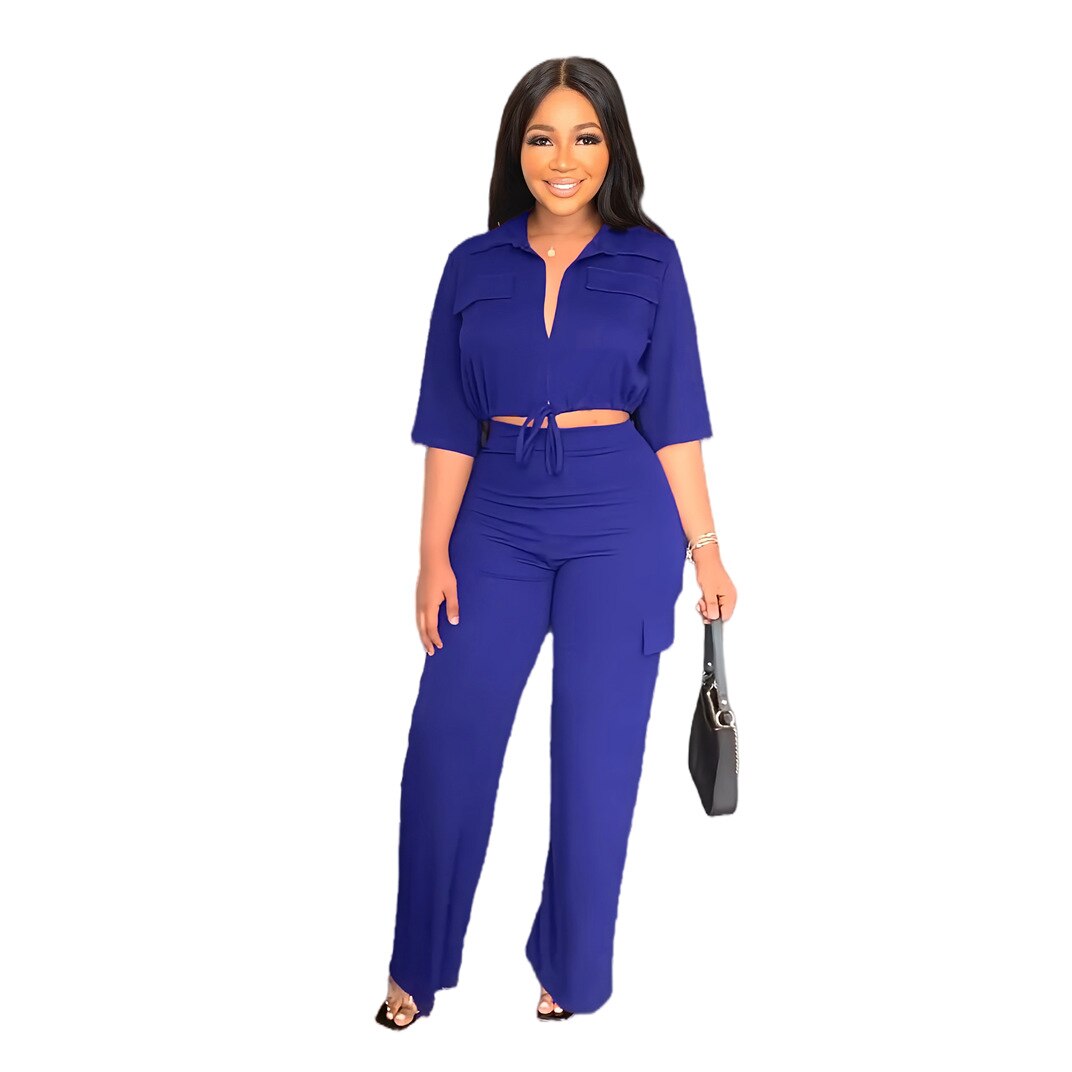 CM.YAYA Elegant Women&#39;s Set Half Sleeve Blouse and Straight Wide Leg Safari Pants Set Fashion Tracksuit Two 2 Piece Set Outfits - Executive-Skincare