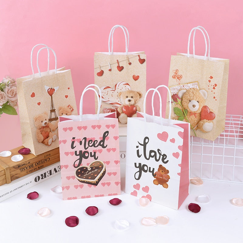 5pcs Love Heart Bear Kraft Paper Bags Valentines Day Gift Packaging Anniversary Wedding Cookie Candy Bag Birthday Party Supplies - Executive-Skincare