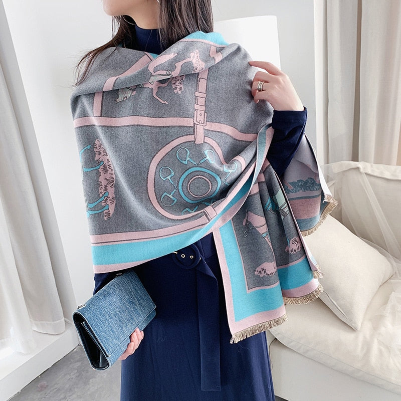 Luxury Horse Print Scarf Women Cashmere Winter Warm Scarves Brand Pashmina Shawls Lady Wraps Bufanda Thick Bandana - Executive-Skincare