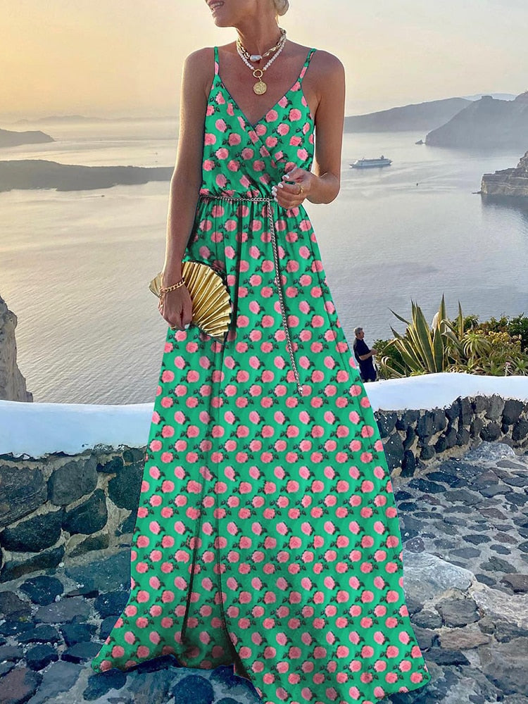 Fashion Retro Printed Sleeveless Sling Holiday Dress Women High Waist Elegant Maxi Dresses 2022 Summer V Neck Party Long Dress - Executive-Skincare