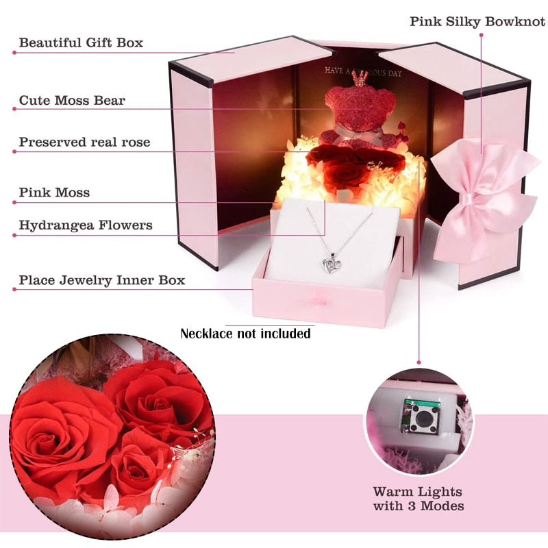 Luminous Preserved Flower Box Light Up Rose Bear Gift Box Artificial Flower Valentines Day Birthday Anniversary Girlfriend Gift - Executive-Skincare