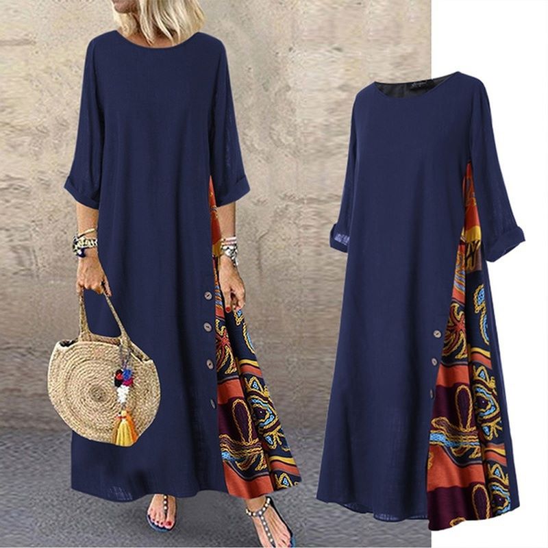 Maxi Dress For Women Elegant Chic Long Dresses Vintage Print Black Red Dress Mid Sleeve Casual O-Neck Streetwear Clothing Ladies - Executive-Skincare