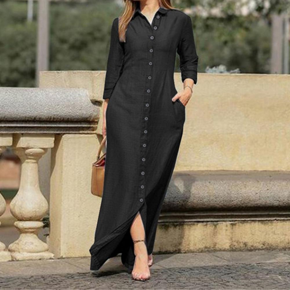 Shirt Dresses Turn-Down Collar 3/4 Sleeve Women Dress Two Pockets Single Breasted Denim Maxi Dress Party Vestidos Robe - Executive-Skincare