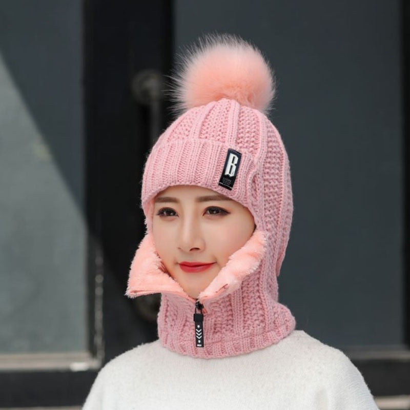 Women Wool Knitted Hat Ski Hat Sets Windproof Winter Outdoor Knit Thick Siamese Scarf Collar Warm Keep Face Warmer Beanies Hat - Executive-Skincare