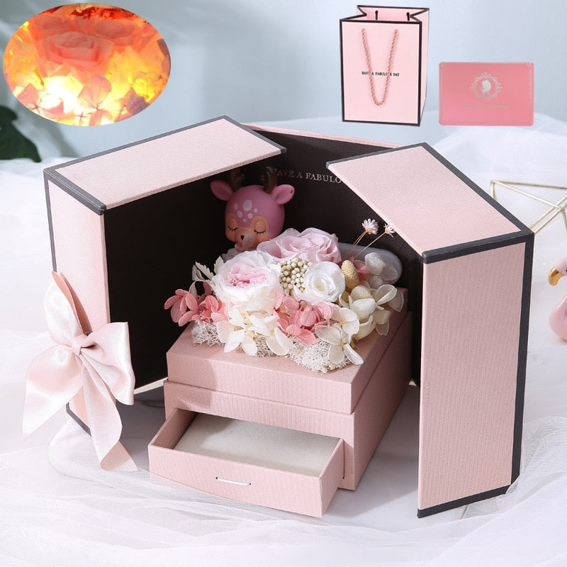 Luminous Preserved Flower Box Light Up Rose Bear Gift Box Artificial Flower Valentines Day Birthday Anniversary Girlfriend Gift - Executive-Skincare