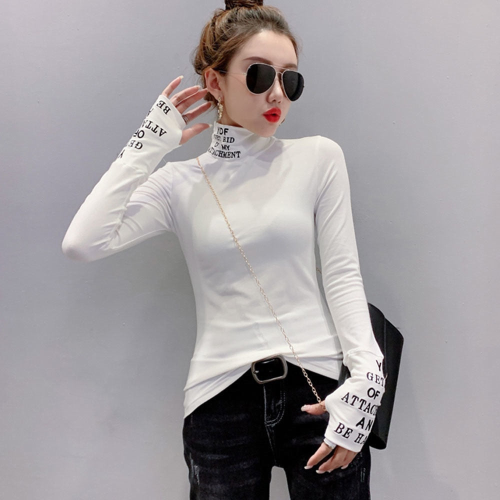 Black White Long Sleeve Tshirt Women Letters Printed T Shirt Femme Elastic Harajuku Tight Turtleneck T Shirt Woman Cotton - Executive Quality Store