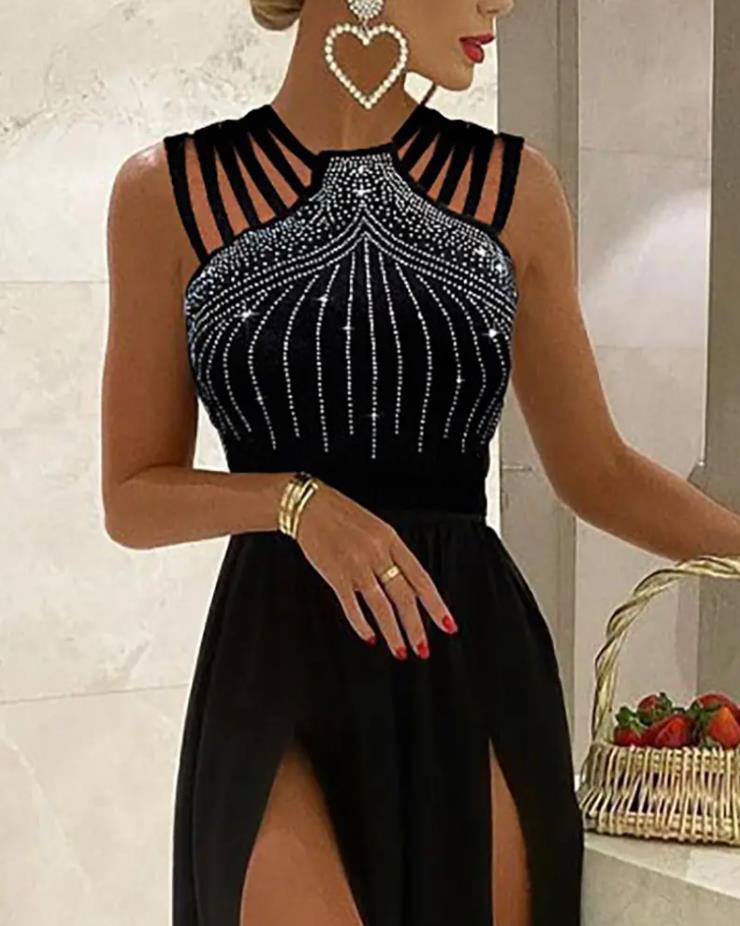 Sexy Women&#39;s Dresses 2022 Summer Sleeveless Fashion Rhinestone Decor Asymmetrical Neck High Slit Plain Maxi Party Dress - Executive-Skincare