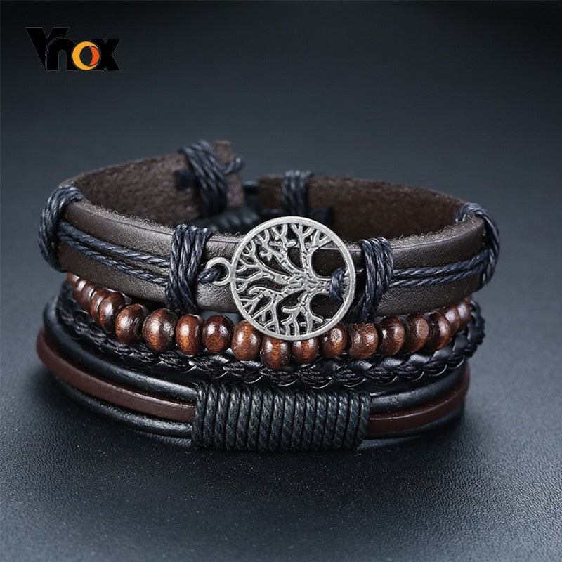 Vnox 4Pcs/ Set Braided Wrap Leather Bracelets for Men Vintage Life Tree Rudder Charm Wood Beads Ethnic Tribal Wristbands - Executive-Skincare