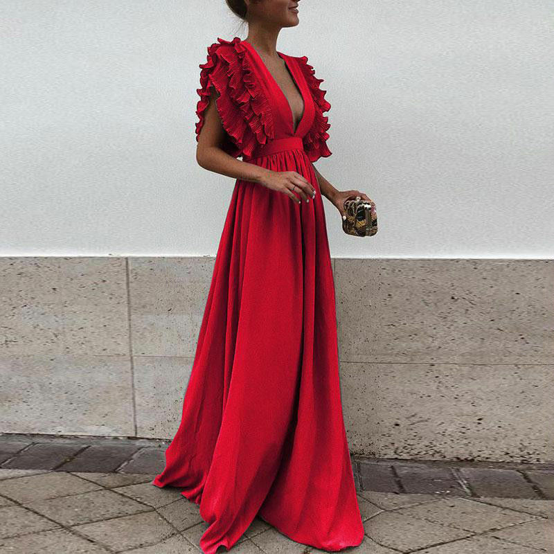 Formal Party  Dress Women Deep V-Neck Long Dress Elegant Flying Sleeves Backless Maxi Evening Dresses Robe De Soiree - Executive-Skincare