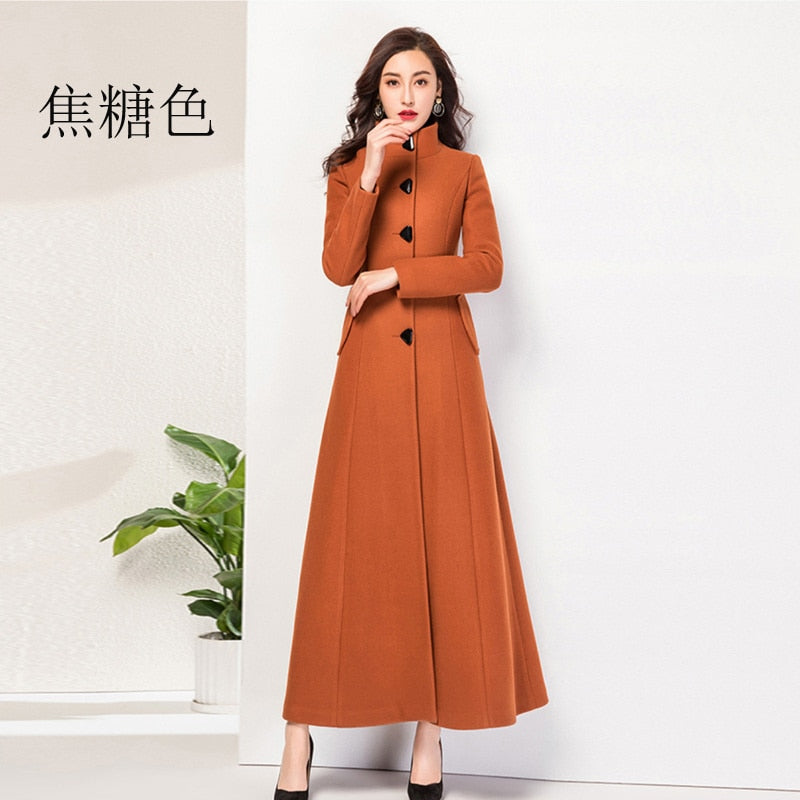 2021 Autumn And Winter Women&#39;s New Super Long Stand Collar Slim Waist Fashion Temperament Retro Triangle Buckle Woolen Coat - Executive-Skincare