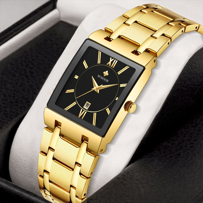 Relogio Masculino WWOOR Gold Watch Men Square Mens Watches Top Brand Luxury Golden Quartz Stainless Steel Waterproof Wrist Watch - Executive-Skincare