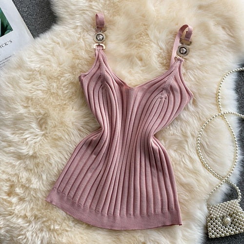 V-neck Halter Sweet Camisole Top 2021 Summer Women Sexy off-Shoulder Solid Color Sleeveless Camis Women&#39;s Clothing Tanks Tops - Executive-Skincare