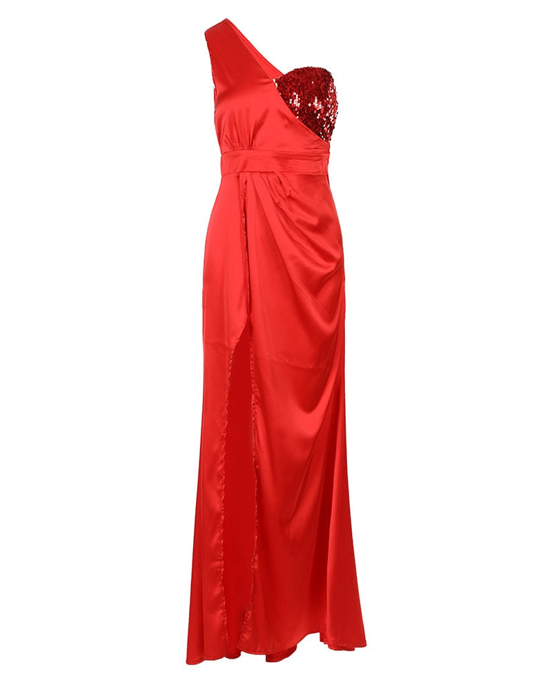 Cutubly Gown Robe Dresses Summer New Women&#39;s Sequin Split Dress Long Slim Strapless Vestidos Red Evening Party Club Wear Night - Executive-Skincare