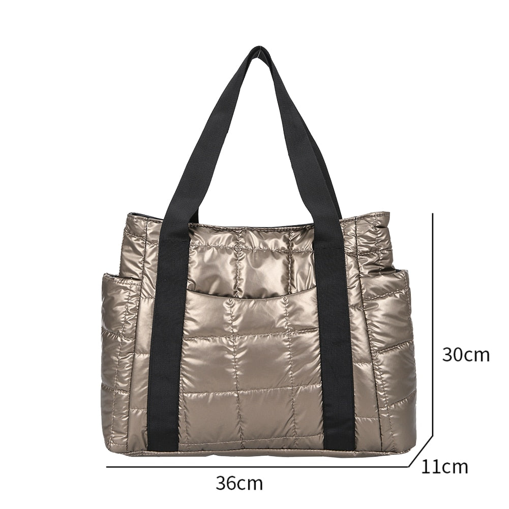 Autumn Winter Nylon Women Large Capacity Handbags Casual Quilted Lattice Shoulder Bags Female Solid Color Shopping Bags Tote - Executive-Skincare