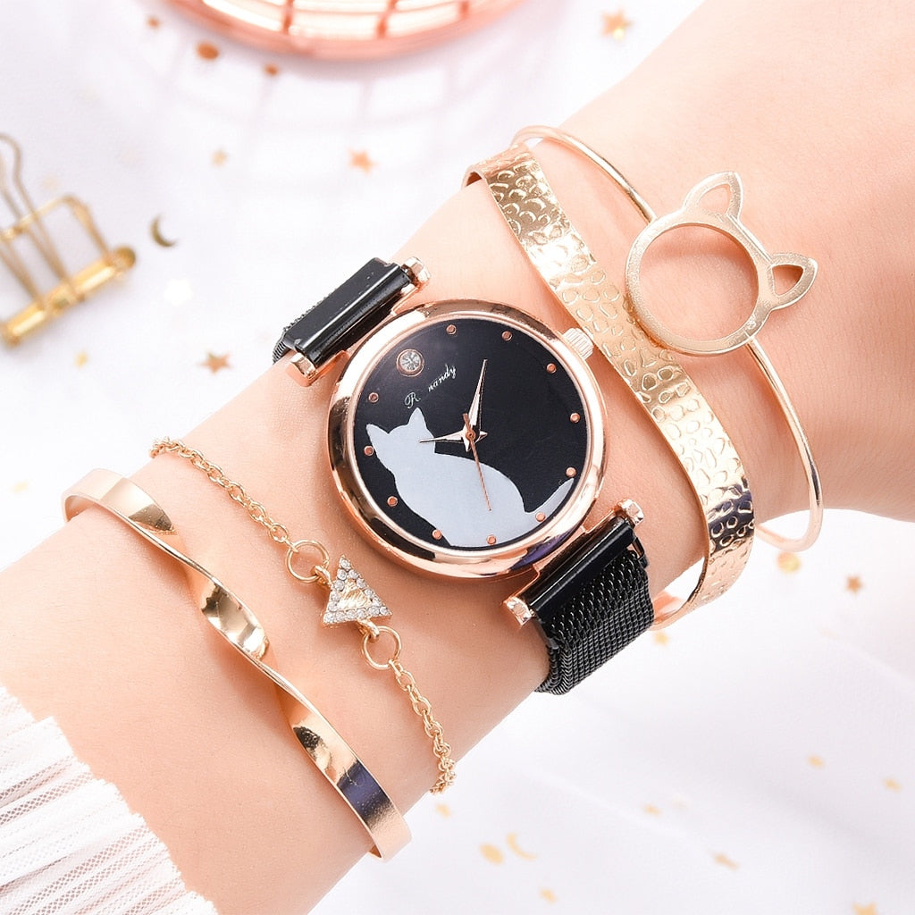 Fashion Watch Set Women 5pcs Quartz Wristwatch Mesh Bracelet Cat Dial Luxury Woman Watch Casual Ladies Clock Relogio Femenino - Executive-Skincare