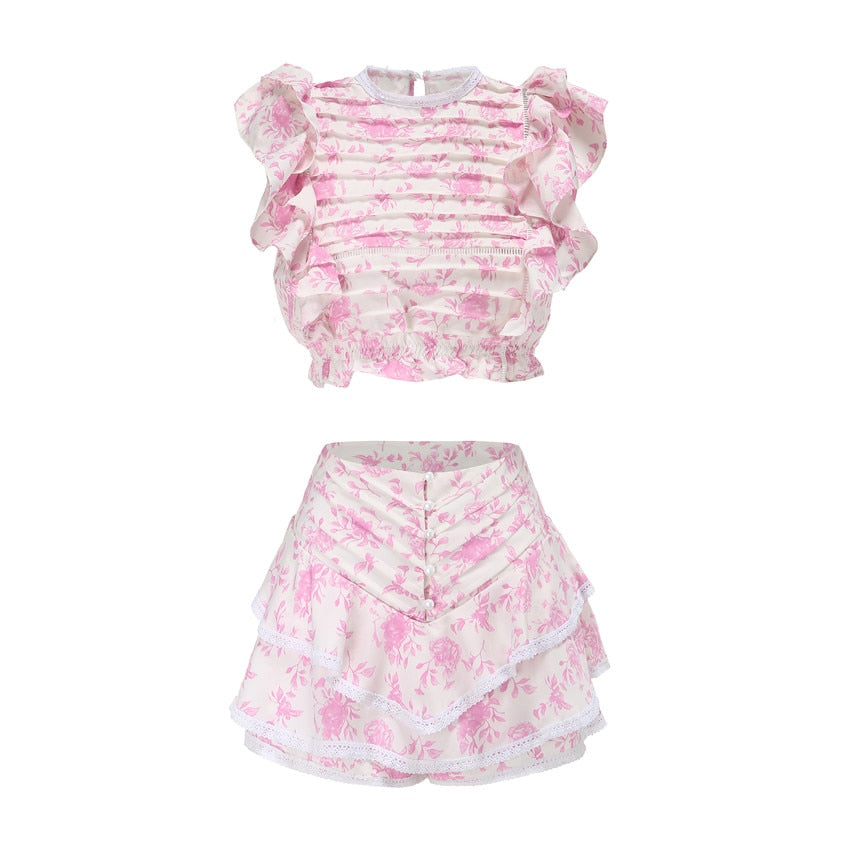 High Quality 2022 Sunday Set elastic waistband Cropped top with ruffle detail and cute ruffle mini shorts skirts - Executive-Skincare