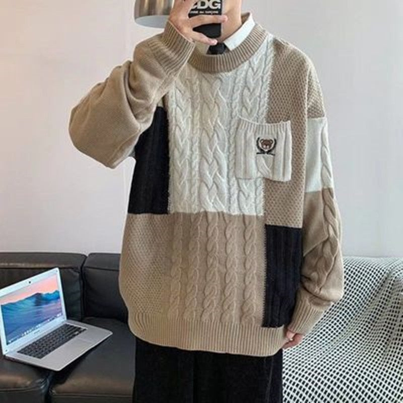 ZAZOMDE Winter Handsome Plaid Sweater Men Harajuku High Street Jumper Thick Warm Kintted Pullover Men Causal Patchwork Sweaters - Executive-Skincare