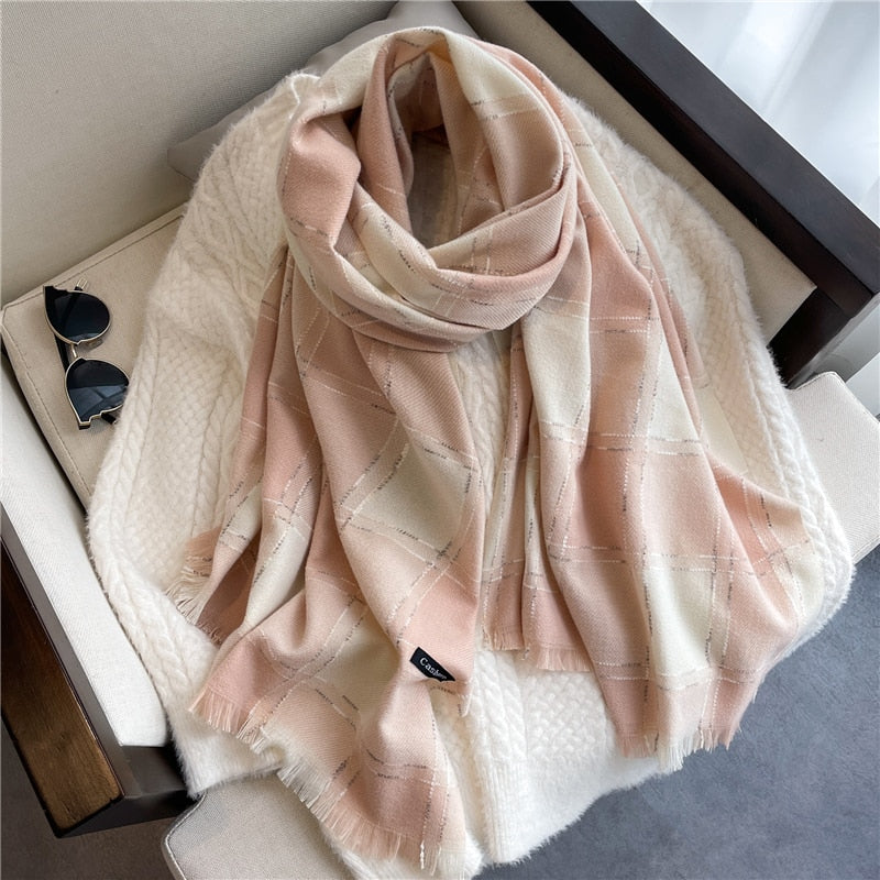 Luxury Plaid Scarf Winter Warm Cashmere Women Long Pashmina Foulard Female Scarves Lady Tassel Shawl Wraps 2022 Design New - Executive-Skincare