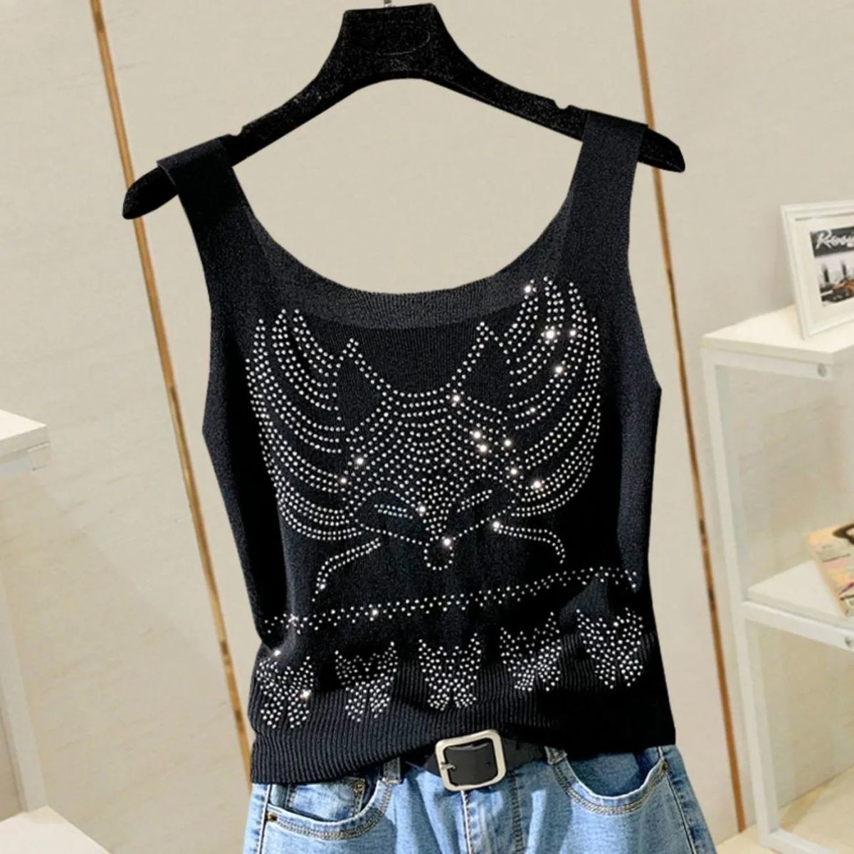 Small Women Summer Heavy Industry Hot Drill Vest Thin Ice Silk Knitted Bottomed Y2k Fashion Crop Tops Slim Mini Tank Tops - Executive-Skincare