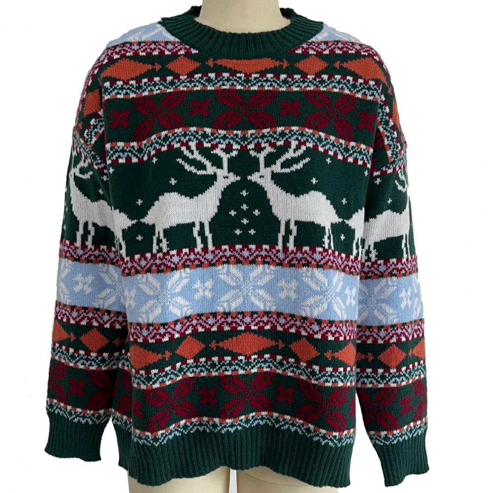 Christmas Jacquard Sweater Pullovers O-Neck Long Sleeve Ribbed Trim Reindeer Snowflake Striped Print Xmas Sweater Knitwear - Executive-Skincare