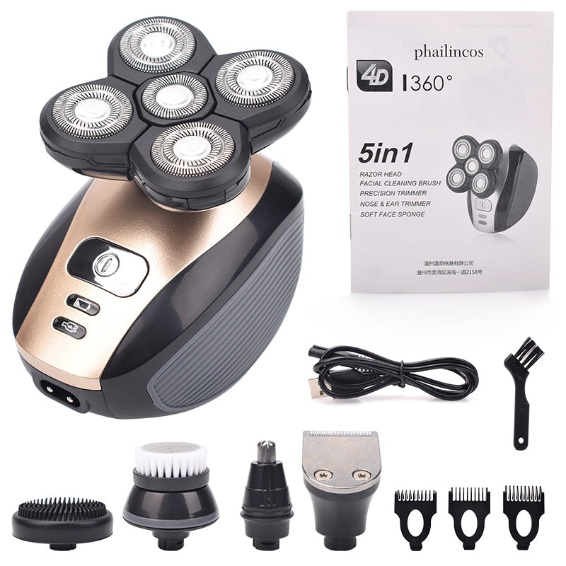 5 In 1 4D Men&#39;s Rechargeable Bald Head Electric Shaver 5 Floating Heads Beard Nose Ear Hair Trimmer Razor Clipper Facial Brush - Executive-Skincare