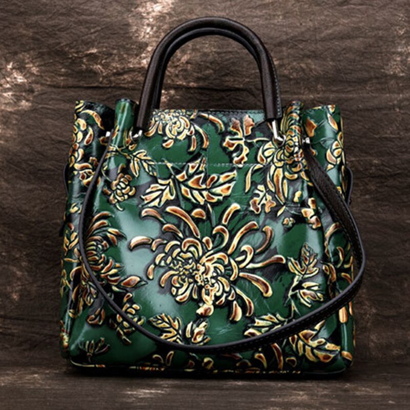 Natural Skin Embossed Messenger Shoulder Female Handbag Tote Bags Floral High Quality Genuine Leather Women Top Handle Bag - Executive-Skincare