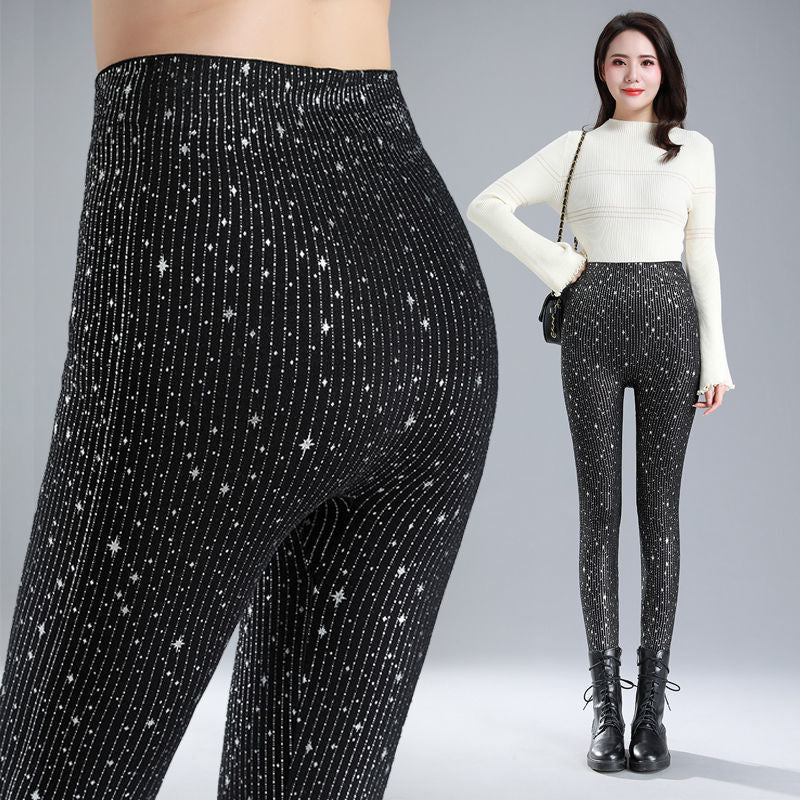 Autumn Winter Sequin Floral Women&#39;s Glitter Warm Velvet Leggings Pants High Waist Elastic Black Bottoms Pencil Trousers - Executive-Skincare