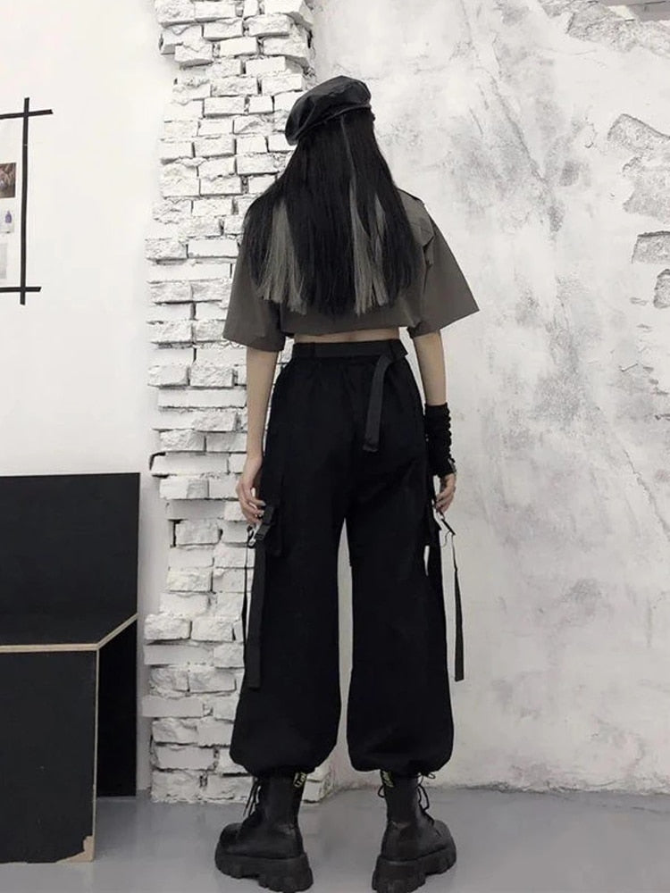 HOUZHOU Gothic Streetwear Women&#39;s Cargo Pants with Chain Punk Techwear Black Oversize Korean Fashion Wide Leg Trousers 2021 Alt - Executive Quality Store