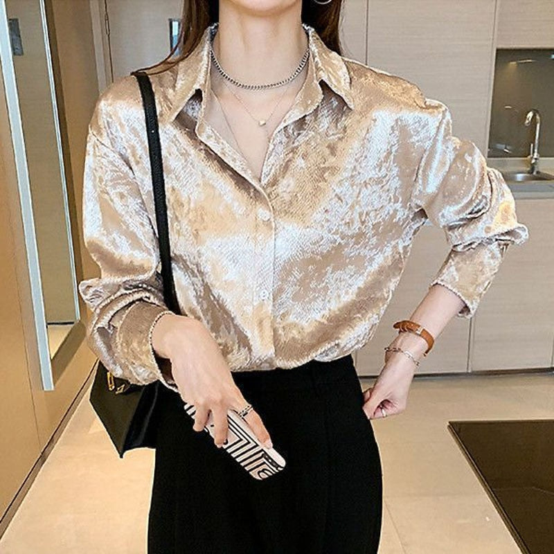 Korean Chic Bright Solid Color Single-breasted Blouse Female Casual Long Sleeve Polo-Neck All-match Shirt Women&#39;s Clothing New - Executive-Skincare