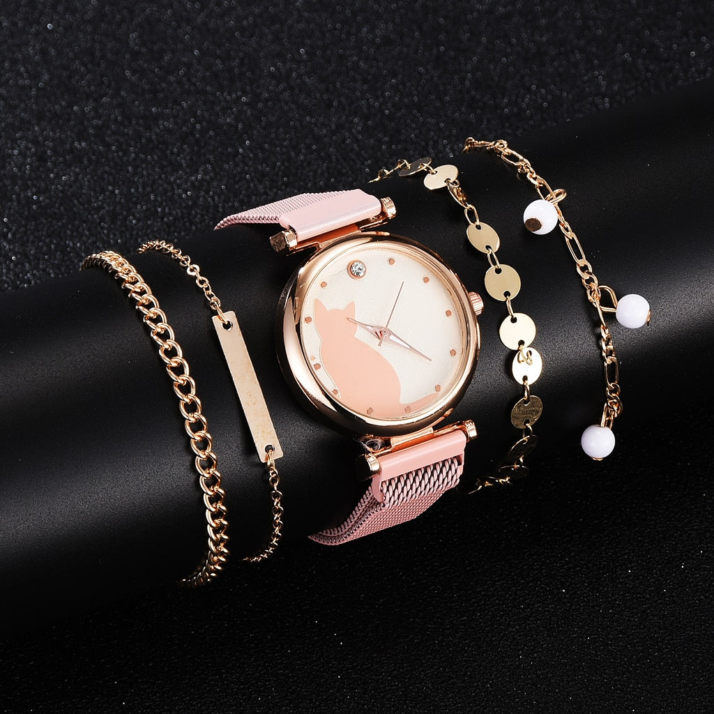 Fashion Watch Set Women 5pcs Quartz Wristwatch Mesh Bracelet Cat Dial Luxury Woman Watch Casual Ladies Clock Relogio Femenino - Executive-Skincare