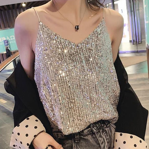 Summer 2021 New Sexy Glittering Sequin V neck Sling Vest Women's Short - Executive-Skincare