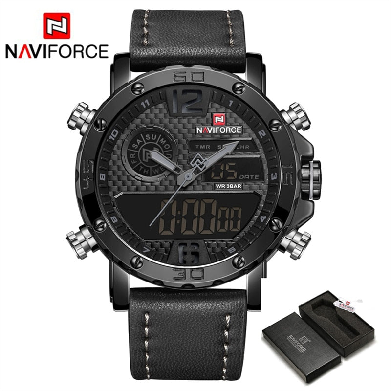 Mens Watches To Luxury Brand Men Leather Sports Watches NAVIFORCE Men&#39;s Quartz LED Digital Clock Waterproof Military Wrist Watch - Executive-Skincare