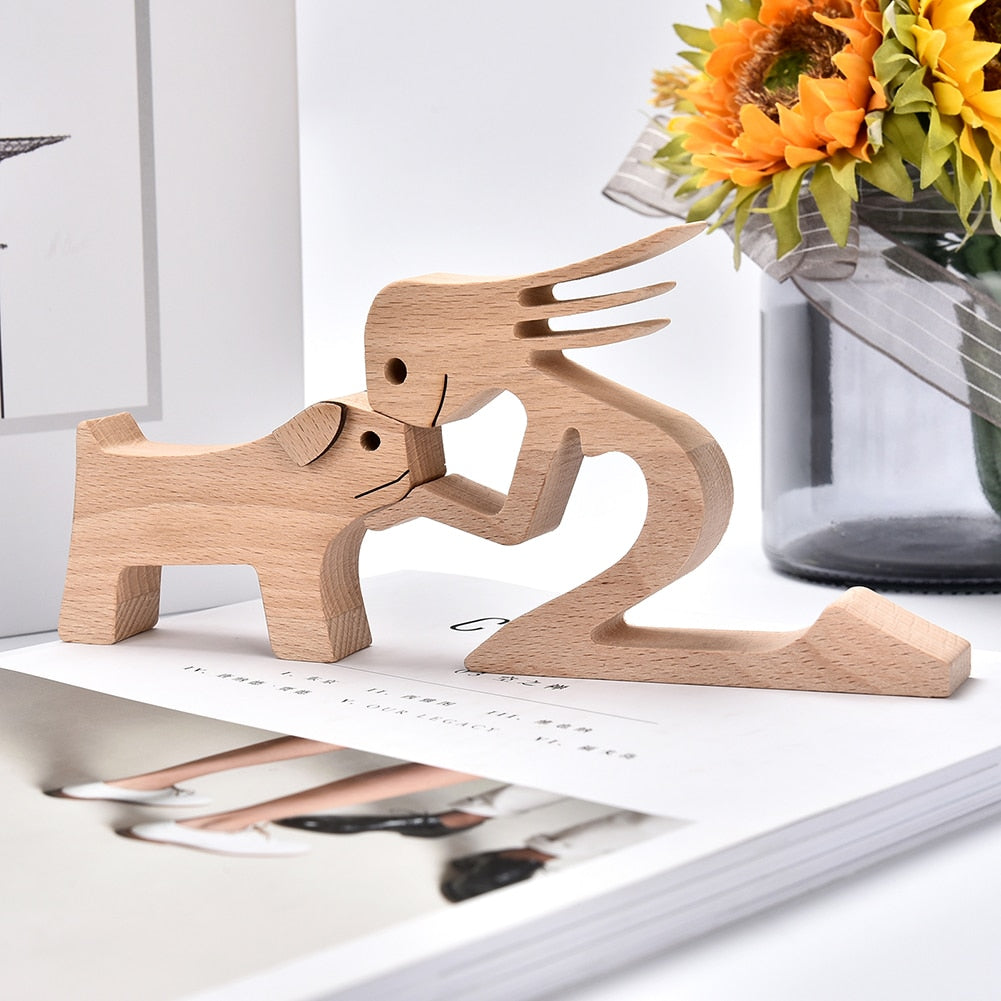 Family Puppy Wood Dog Craft Figurine Desktop Table Ornament Carving Model Home Office Decoration Pet Sculpture Christmas Gift - Executive-Skincare