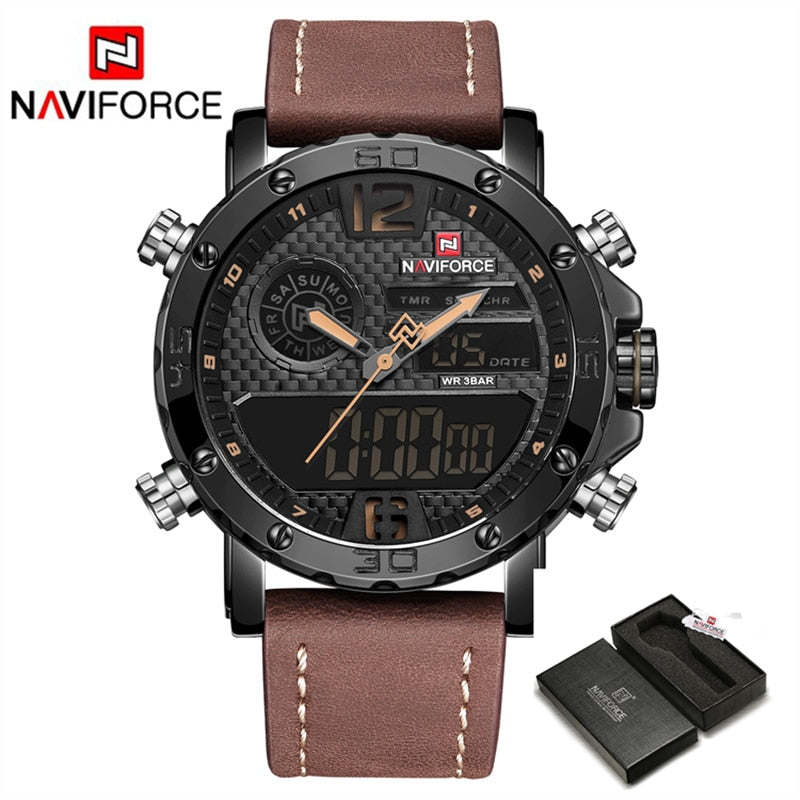 Mens Watches To Luxury Brand Men Leather Sports Watches NAVIFORCE Men&#39;s Quartz LED Digital Clock Waterproof Military Wrist Watch - Executive-Skincare