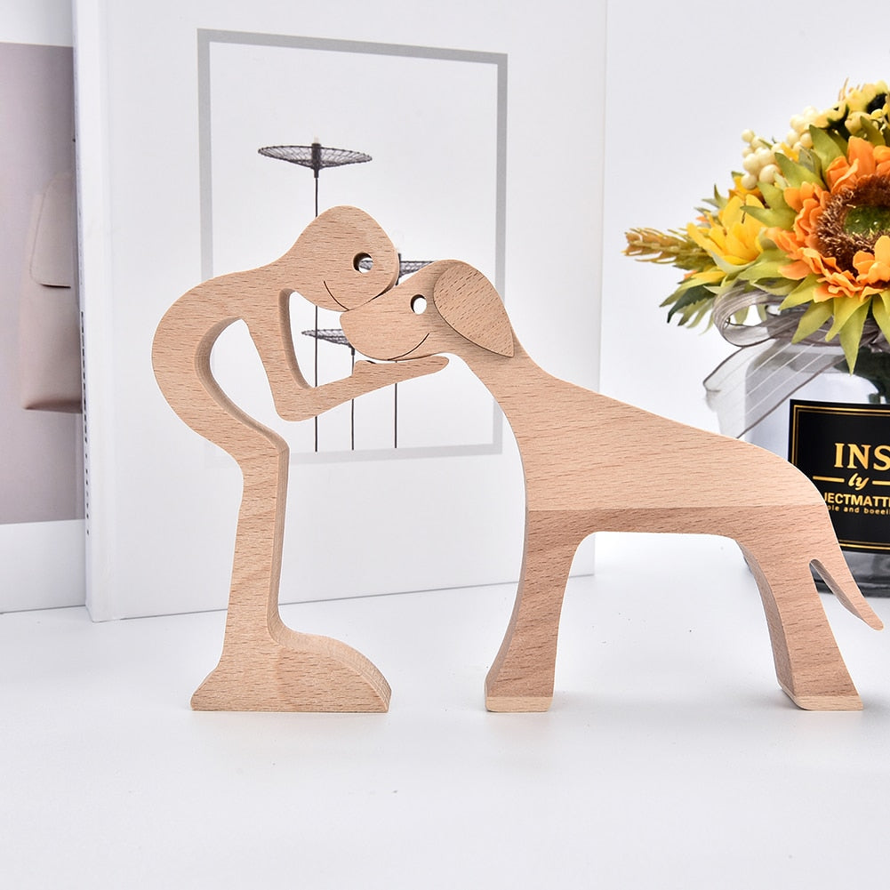 Family Puppy Wood Dog Craft Figurine Desktop Table Ornament Carving Model Home Office Decoration Pet Sculpture Christmas Gift - Executive-Skincare