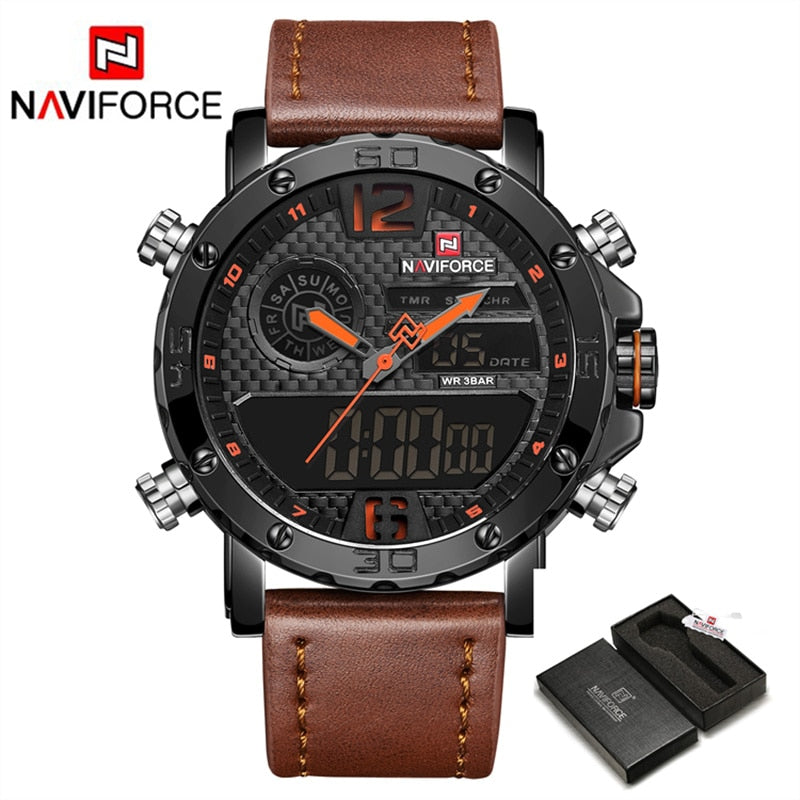 Mens Watches To Luxury Brand Men Leather Sports Watches NAVIFORCE Men&#39;s Quartz LED Digital Clock Waterproof Military Wrist Watch - Executive-Skincare