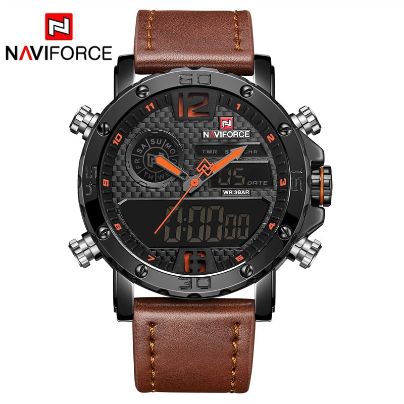 Mens Watches To Luxury Brand Men Leather Sports Watches NAVIFORCE Men&#39;s Quartz LED Digital Clock Waterproof Military Wrist Watch - Executive-Skincare