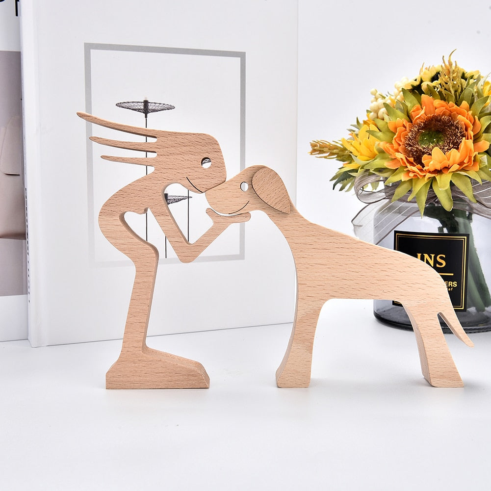 Family Puppy Wood Dog Craft Figurine Desktop Table Ornament Carving Model Home Office Decoration Pet Sculpture Christmas Gift - Executive-Skincare