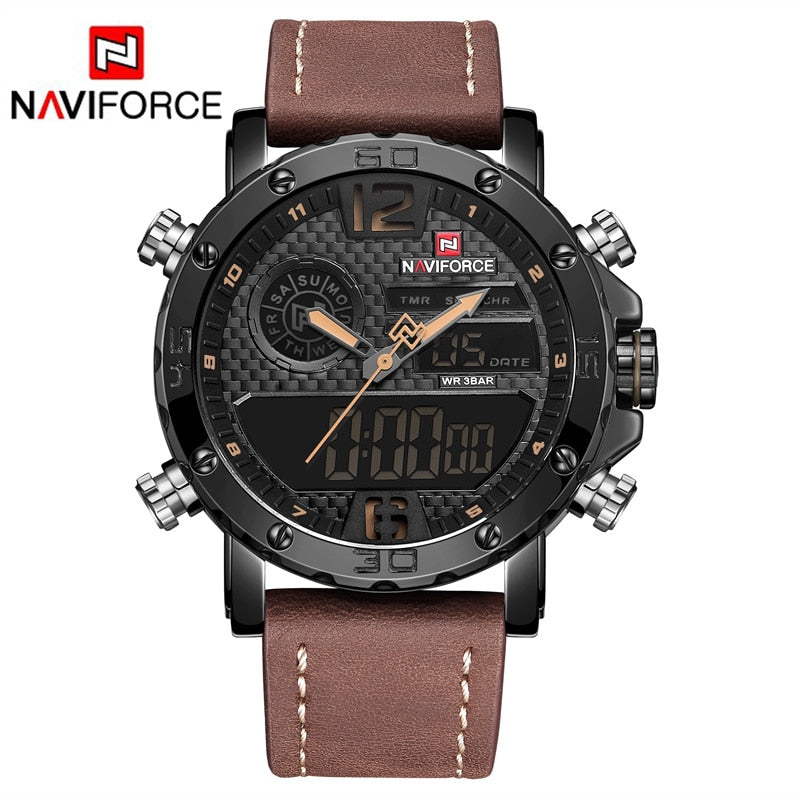 Mens Watches To Luxury Brand Men Leather Sports Watches NAVIFORCE Men&#39;s Quartz LED Digital Clock Waterproof Military Wrist Watch - Executive-Skincare