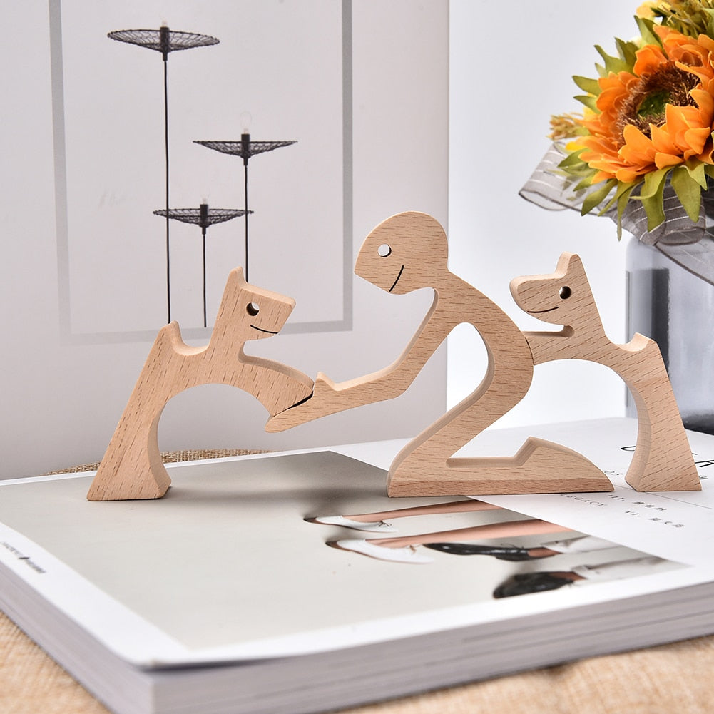 Family Puppy Wood Dog Craft Figurine Desktop Table Ornament Carving Model Home Office Decoration Pet Sculpture Christmas Gift - Executive-Skincare