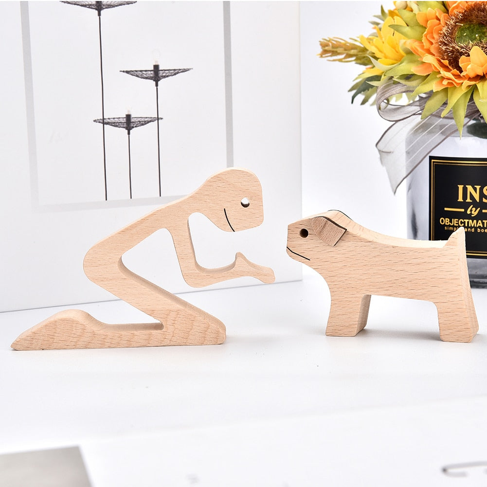 Family Puppy Wood Dog Craft Figurine Desktop Table Ornament Carving Model Home Office Decoration Pet Sculpture Christmas Gift - Executive-Skincare