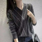 Western style stripe knit woolen sweater woman autumn winter V neck - Executive-Skincare