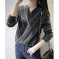 Western style stripe knit woolen sweater woman autumn winter V neck - Executive-Skincare